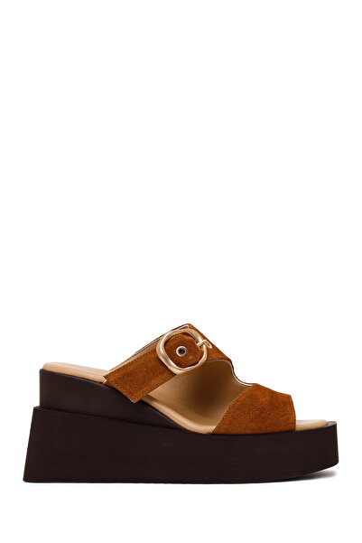 Derimod Women's Tan Buckle Wedge Heeled Suede Leather Slippers 26Sfd203910