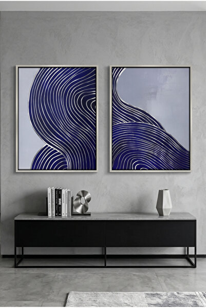 Jasmine Art Modern Navy Blue Set of 2 Abstract Wall Art | Framed Canvas Print...