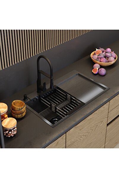Granitan Chiuveta BARI 78L, Otel Inox Negru, 1 Cuva, Scurgator, Dozator, 778x...