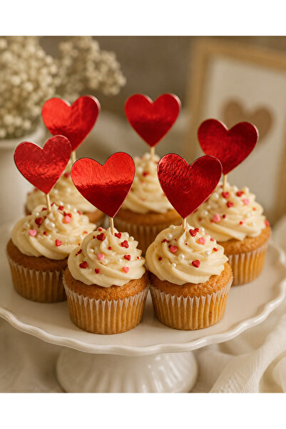 Dizayn Parti Evi Kırmızı Kalpli Cupcake Pasta Süsü 5 cm 20 Adet Kürdanlı Kalp...