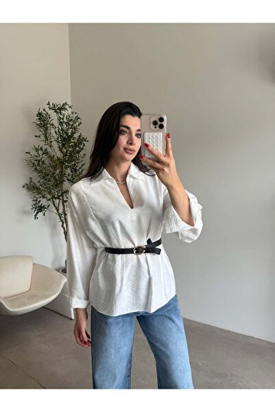 Bade Butik Bluza košulja sa kaišom u boji krem