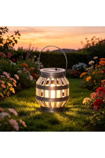 KMT Lampă Solară Decorativă Tip Lanț Artizan, Cadru Efect Lemn, Lumină LED Ca...