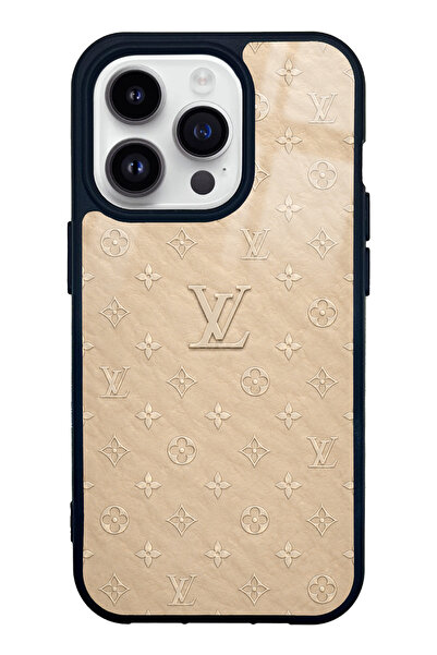 Spoyi iPhone 14 Pro Bej Gold LV Tasarımlı Glossy Telefon Kılıfı