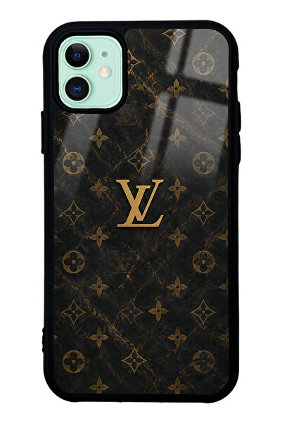 Spoyi iPhone 11 Black Mermer Gold LV Tasarımlı Glossy Telefon Kılıfı