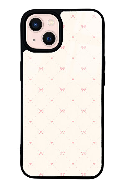 Spoyi iPhone 13 Cream Pink Coquette Pattern Tasarımlı Glossy Telefon Kılıfı