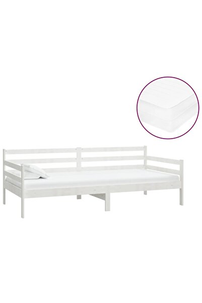 vidaxl Pat de zi cu saltea, alb, 90x200 cm, lemn masiv de pin