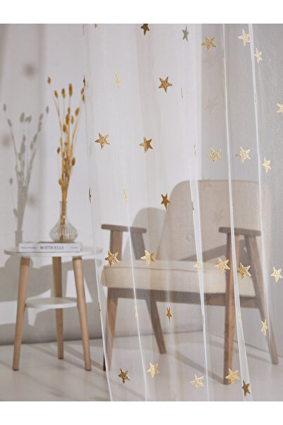MAGİZA Tulle Curtain with Star Pattern, No Pleats, Extra-Soft, No Ironing Req...