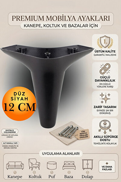 KAYRA LEATHER CRAFT Ayben Lüks Mobilya Ayağı 12 cm Düz Siyah Koltuk Kanepe Tv...