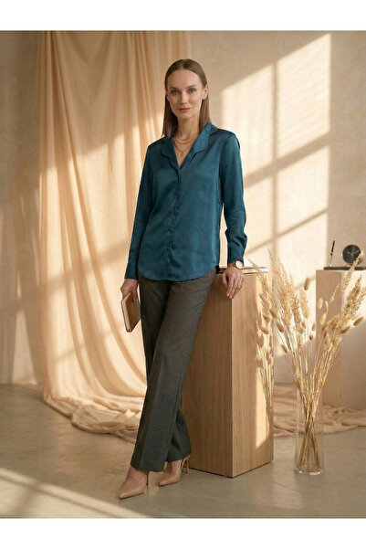 Mish By Styli Teal Satin Button-Down Shirt