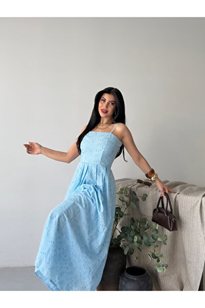 D'RECCY Women's Square Neck Thin Strap Scallop Embroidered Maxi Dress