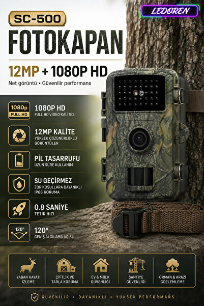 L'eDoren Sc-500 12 Mp 1080p Fotokapan Su Geçirmez Gece Görüşlü Fotokapan Pır ...