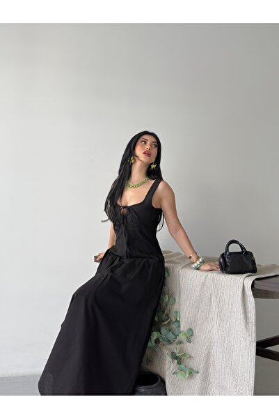 D'RECCY Women's Strappy Low-Cut Corset Detail Bell-Shaped Maxi Dress