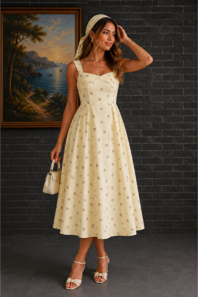 UTDU Tencel Fabric Flower Patterned Strap Dress