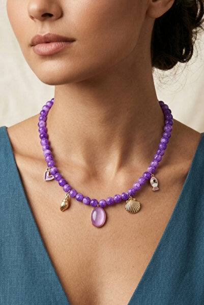 PETEK AKSESUAR Purple White Alaçati Glass Bead Sea Shell Charm Necklace