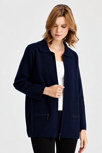Desen Triko Women's Polo Collar Wool Cardigan with Zipper Pocket, Dark Blue