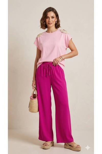 TOPSHOW Omzu Embroidered Pink T-Shirt