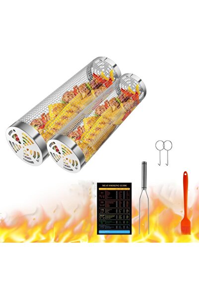 Arabest 2-Piece Rolling BBQ Basket Set,Stainless Steel Mesh Tube,with BBQ Hoo...