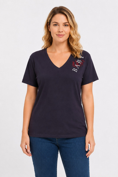 Şans Women's Plus Size Navy Blue, V-Neck, Cotton Fabric, Embroidery Detailed ...