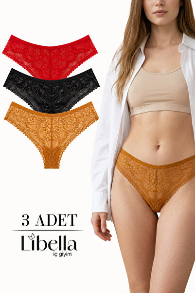 LİBELLA İÇ GİYİM New Season Premium Full Lace Brazilian Panties Black Red Mus...