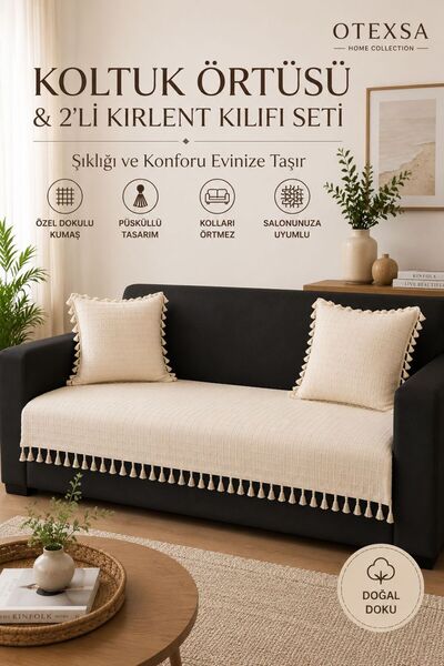 OTEXSA Tasseled Square Textured Sofa Cover and Set of 2 Throw Pillow Covers B...