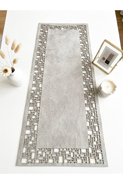 Ergüven Home Taş Rengi Süet Kumaş Runner 40x100 Cm Sehpa Boyu - Geometrik Dör...