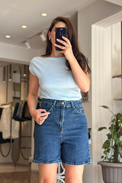 Unique Boutique Dark Blue High Waist Lycra Denim Shorts