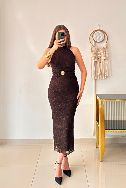 Sorridi Simli Halter Yaka Gold Aksesuarlı Elbise