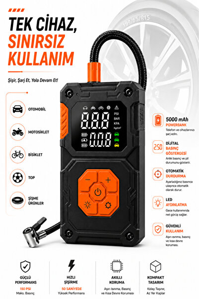 SAYMOND Dijital Göstergeli Led Işıklı Taşınabilir 5000mAh Araç Lastik Şişirme...