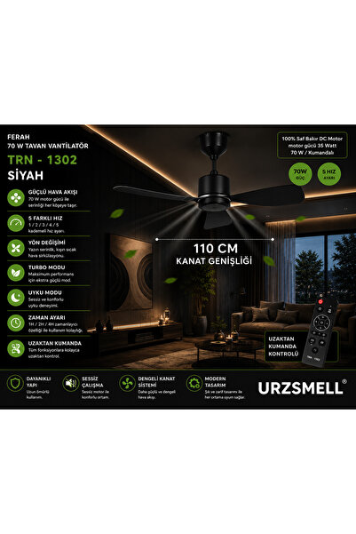 urzsmell Ferah 70w 3 kanatlı Led Ampul Uzaktan Kumandalı Tavan Vantilatörü SİYAH
