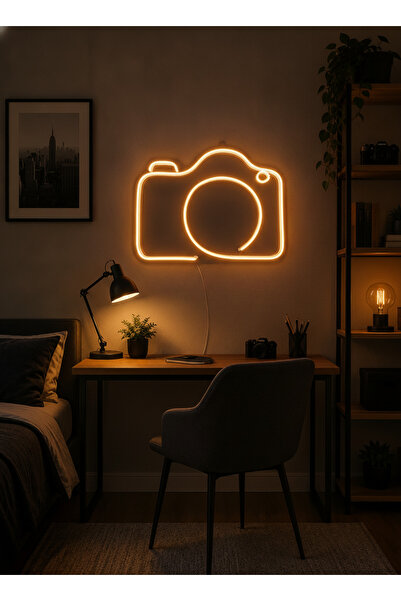 STUDYO YORA Kamera Figürlü LED Neon Tablo | Amber Aydınlatmalı Dekor | Fotoğr...