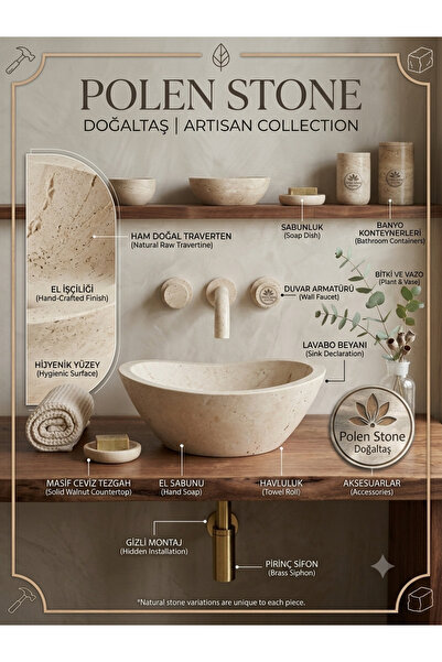 Polen Stone Doğal Polen Taş Lavabo – Elips Kayık Model 40x32x13 cm – Dekorati...