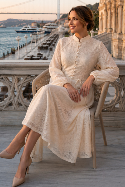 benguen Printed Buttoned Hijab Dress A3005 Cream