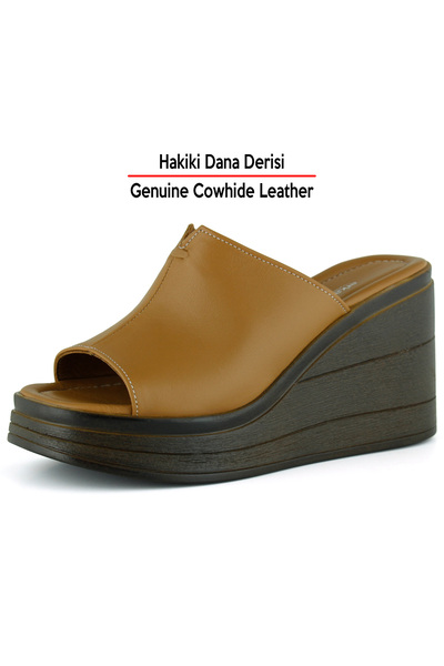 Erkan Saçmacı Valery Plus Tan Genuine Calfskin Wedge Heeled Slippers