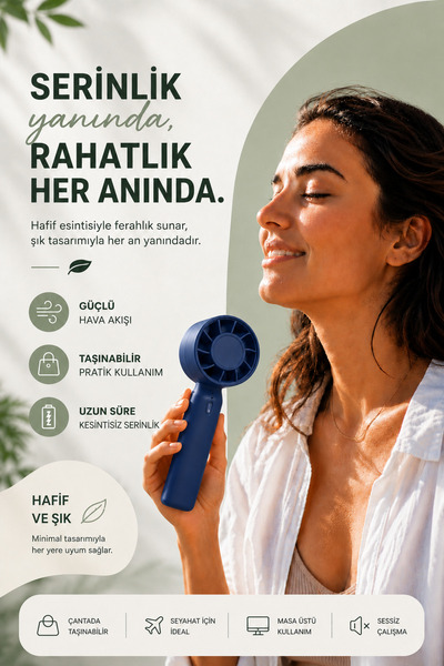 KATJMER Taşınabilir Mini El Fanı USB Şarjlı 3 Kademeli Sessiz Masaüstü Vantil...