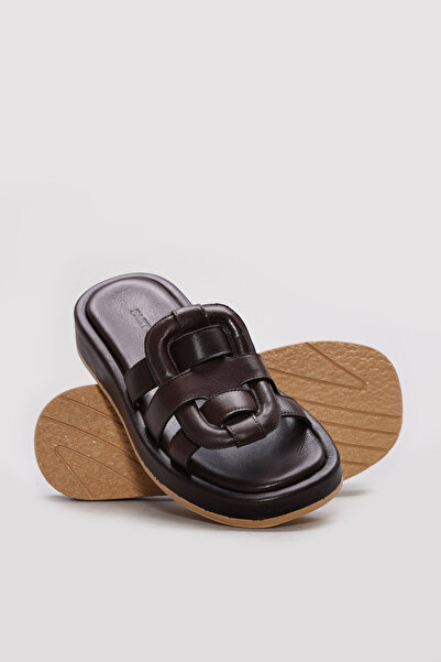Ayakkabıhane Inside and Outside Genuine Leather Brown Summer Women's Slippers...