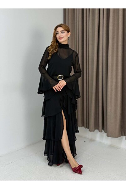 Raneel Kazançlı Alışveriş Women's Lined Body and Belt Detailed Ruffled Chiffo...