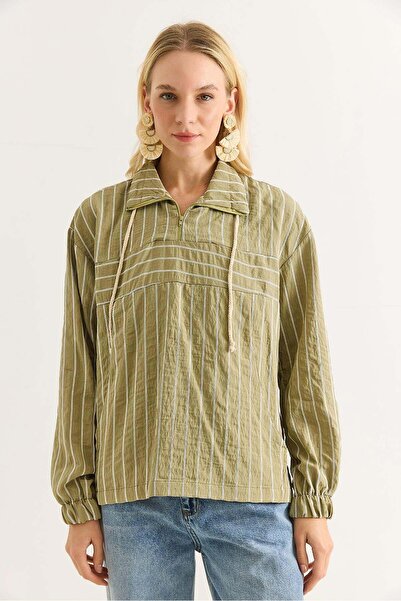 Raneel Kazançlı Alışveriş Women's Stand Collar Zippered Striped Stylish Shirt...