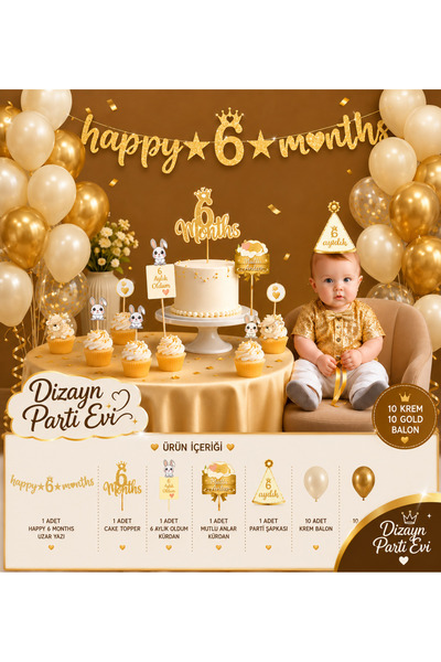Dizayn Parti Evi 6 Aylık Gold Krem Konsept Parti Süsü Seti 10 Gold 10 Krem Ba...