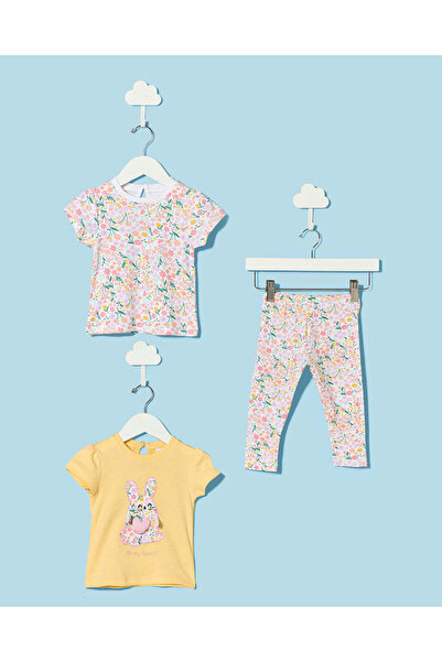 REDTAG Infant Girls Yellow And White Printed 3 Piece Set