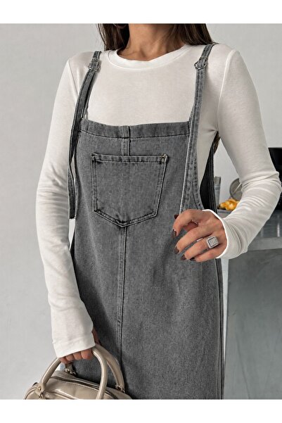 bluemarlin Rochie de damă lungă, neagră, cu bretele, din denim, stil Garden Van.