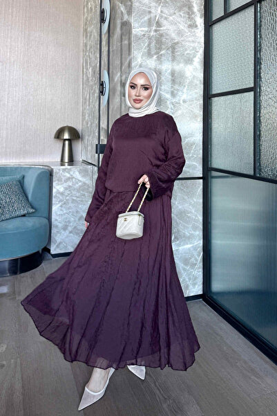 İmajButik طقم بلوزة وتنورة بتفاصيل خياطة بلون البرقوق
