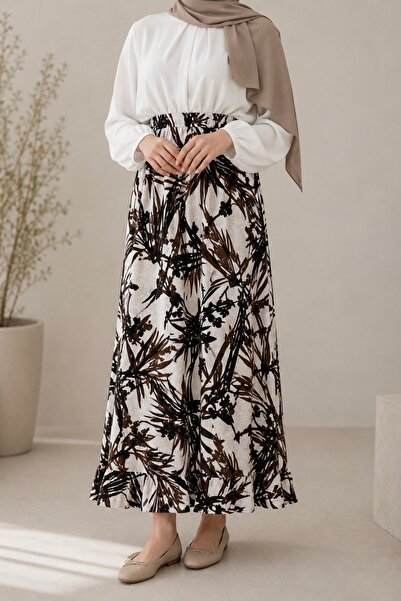 İmajButik Cream Waist Elastic Patterned Viscon Skirt