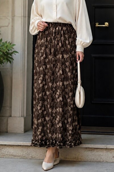 İmajButik Brown Patterned Viscose Skirt with Elastic Waist
