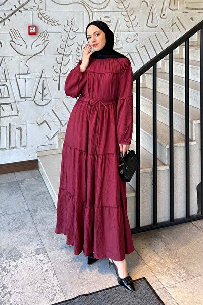 lamelif Layered Detailed Tie Dress Burgundy