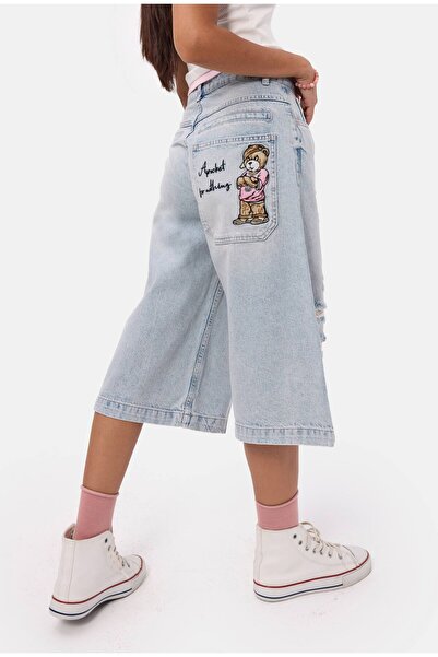 it's basic Women's Ice 12S6-89 Baggy Fit Maxi Denim Design Bermuda Shorts