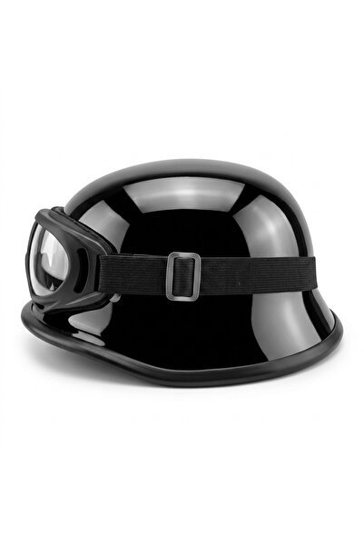 ebakbak Motosiklet Chopper Kaskı Yarım Retro Cruiser Gözlüklü Kask Black