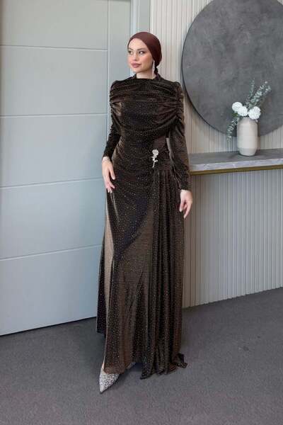 Şulemoda Giyim Lal Stone Draped Evening Dress Brown