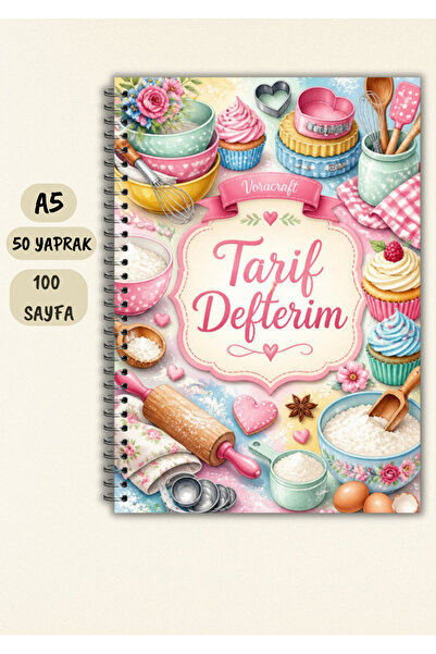VORACRAFT Yemek Tarif Defteri, 50 Yaprak /100 Sayfa, A5 / Tel Spiral TRF0019