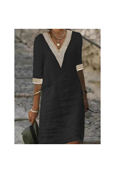 Cristina Serene Midi Φόρεμα Boho με V Λαιμόκοψη & Διακοσμητική Δαντέλα