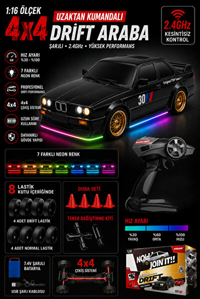 Get's On Oyuncak Şarjlı 30 Km Hız Yapan Hız Ayarlı 4x4 BMW e30 2.4 Ghz Uzaktan Kumandalı Drift Arabası 7 Farklı Neon Işık
